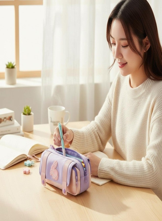 Hexwell حقائب أقلام هيكسويل ذات سعة كبيرة، حقيبة أقلام، حافظة، صندوق، منظم أدوات مكتبية مدرسية للبنات والأطفال (بنفسجي + وردي) - Image 2